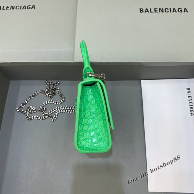 Balenciaga專櫃爆款手提女包 巴黎世家鱷魚紋牛皮新綠色銀扣mini Hourglass沙漏包 fyj1004